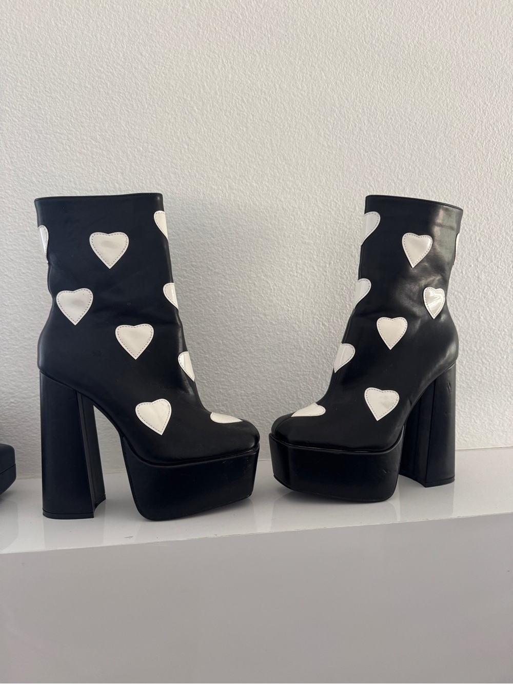 Nasty Gal Black Platform Ankle Boots with White Hearts